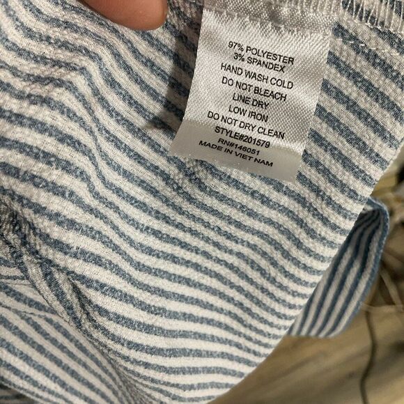 Monteau Los Angeles, navy blue and white striped peplum top, size large - Picture 5 of 7